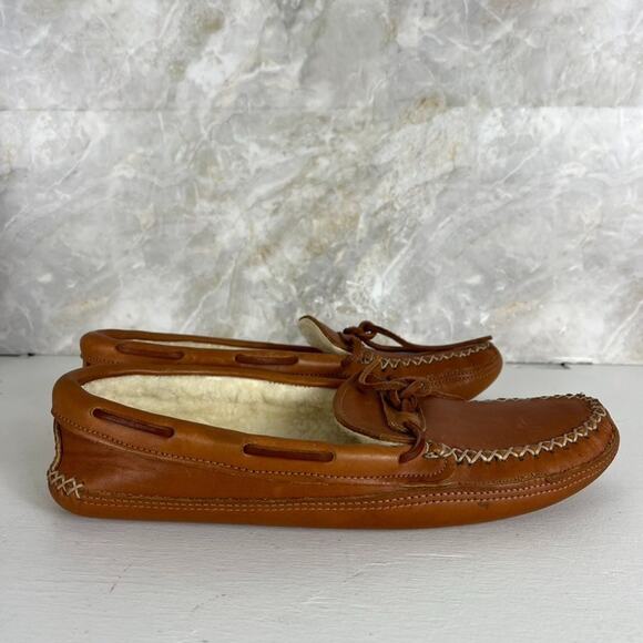 Orvis By Gokey Brown Leather Moccasin Style Slippers Men\'s 10 D Shearling Lined